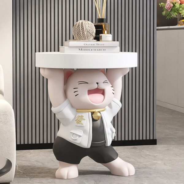 Modern Art Deco Resin Lucky Cat Sculpture End Table With 1 Tier For Living Room - Image 2