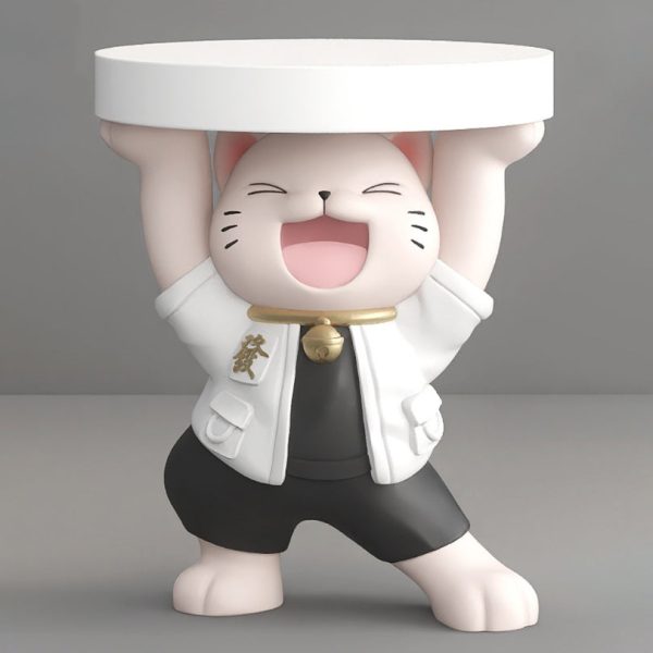 Modern Art Deco Resin Lucky Cat Sculpture End Table With 1 Tier For Living Room - Image 6