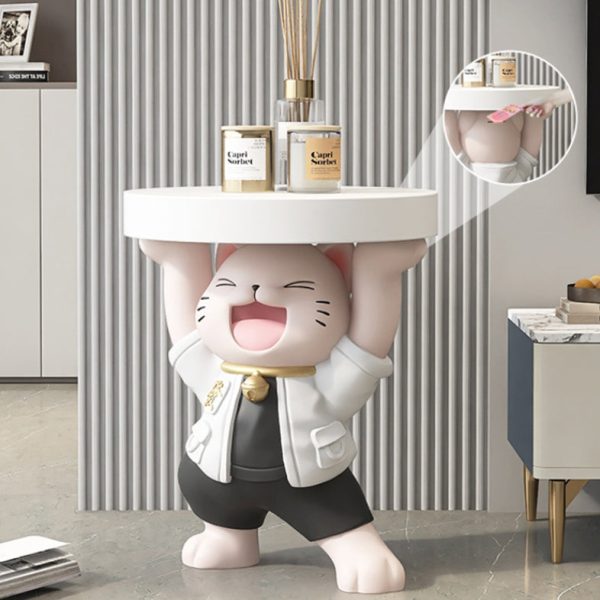 Modern Art Deco Resin Lucky Cat Sculpture End Table With 1 Tier For Living Room - Image 3