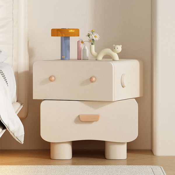 Contemporary Creative Faux Leather Solid Wood Curved Square Nightstand 2-Drawer For Bedroom - Image 16