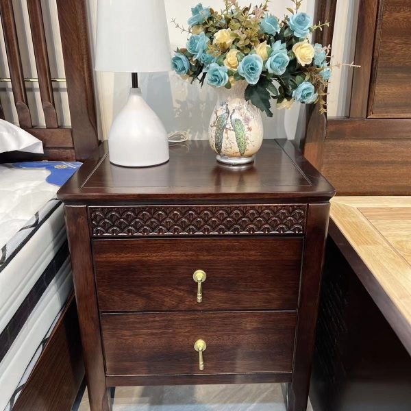 Traditional Chinese Solid Wood Rectangular Wavy Nightstand With 2 Drawers For Bedroom - Image 2