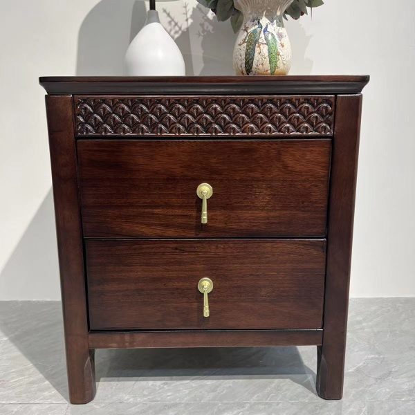 Traditional Chinese Solid Wood Rectangular Wavy Nightstand With 2 Drawers For Bedroom - Image 7