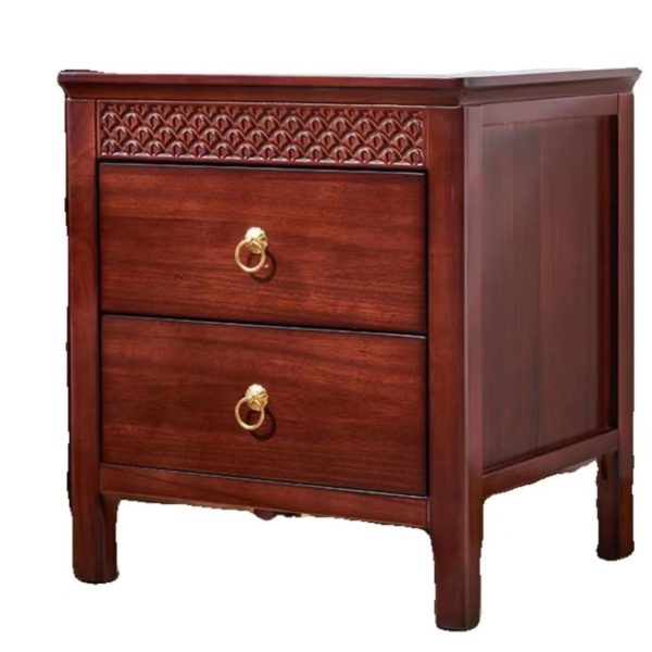 Traditional Chinese Solid Wood Rectangular Wavy Nightstand With 2 Drawers For Bedroom - Image 10