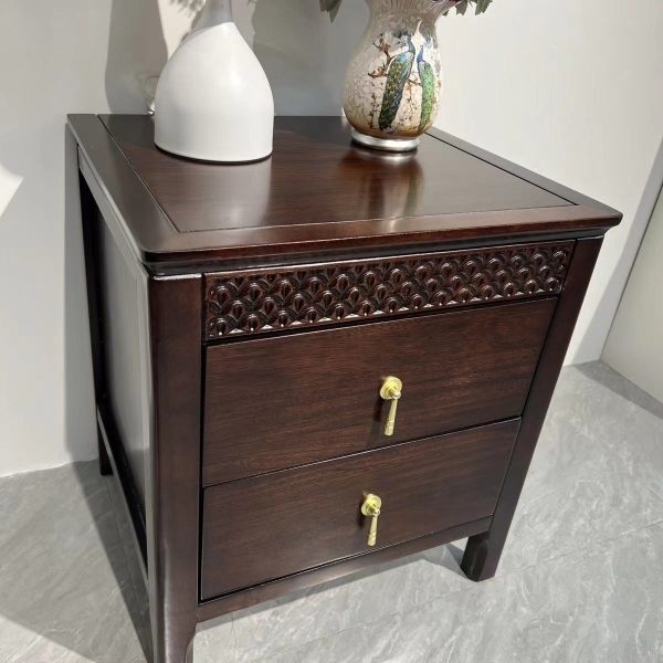 Traditional Chinese Solid Wood Rectangular Wavy Nightstand With 2 Drawers For Bedroom - Image 3