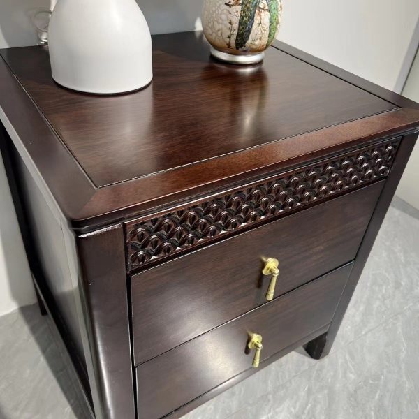 Traditional Chinese Solid Wood Rectangular Wavy Nightstand With 2 Drawers For Bedroom - Image 9