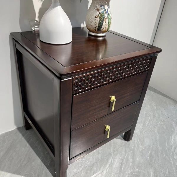 Traditional Chinese Solid Wood Rectangular Wavy Nightstand With 2 Drawers For Bedroom - Image 6