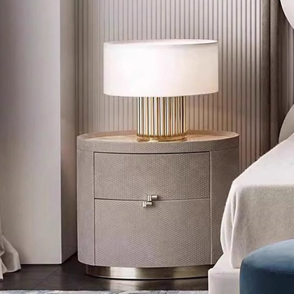 Modern Minimalist Sintered Stone Solid Wood Woven Leather Round Cylindrical Nightstand 2-Drawer For Bedroom - Image 2