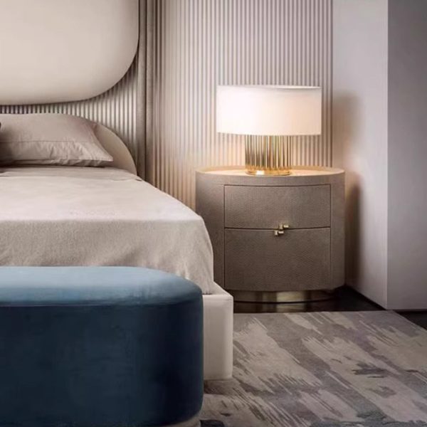 Modern Minimalist Sintered Stone Solid Wood Woven Leather Round Cylindrical Nightstand 2-Drawer For Bedroom - Image 3