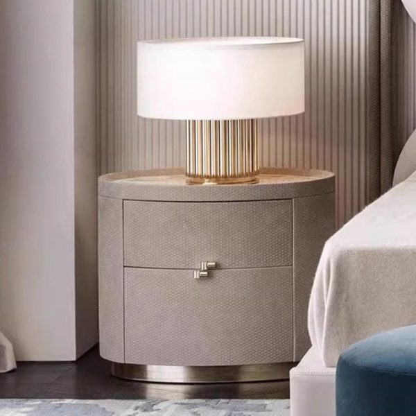 Modern Minimalist Sintered Stone Solid Wood Woven Leather Round Cylindrical Nightstand 2-Drawer For Bedroom - Image 12