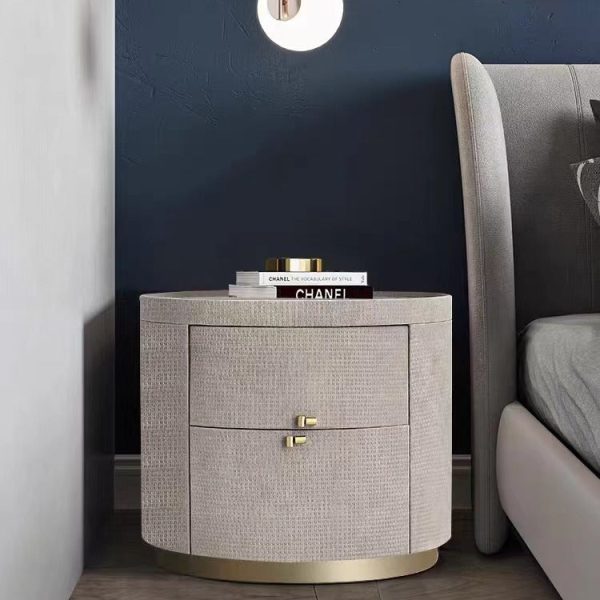 Modern Minimalist Sintered Stone Solid Wood Woven Leather Round Cylindrical Nightstand 2-Drawer For Bedroom