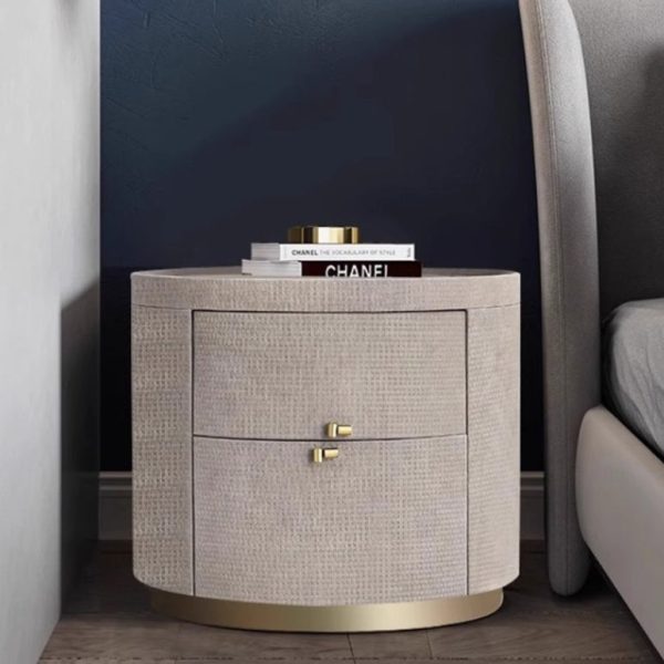 Modern Minimalist Sintered Stone Solid Wood Woven Leather Round Cylindrical Nightstand 2-Drawer For Bedroom - Image 13