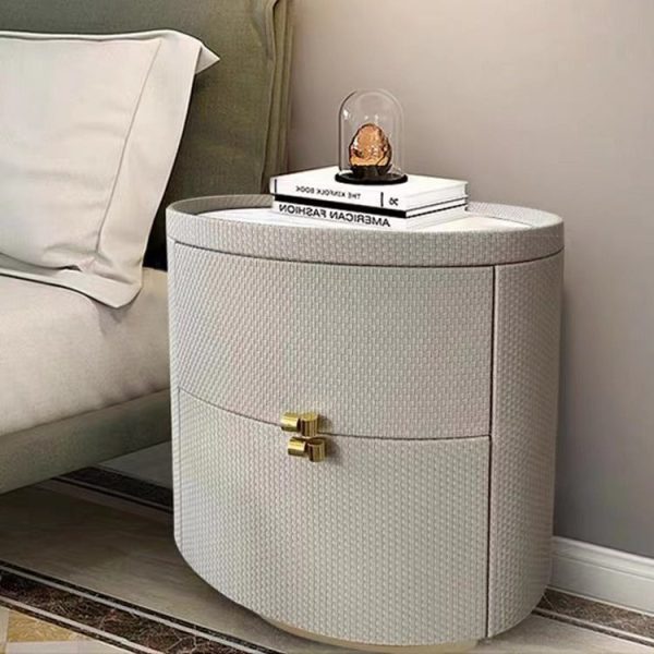 Modern Minimalist Sintered Stone Solid Wood Woven Leather Round Cylindrical Nightstand 2-Drawer For Bedroom - Image 10