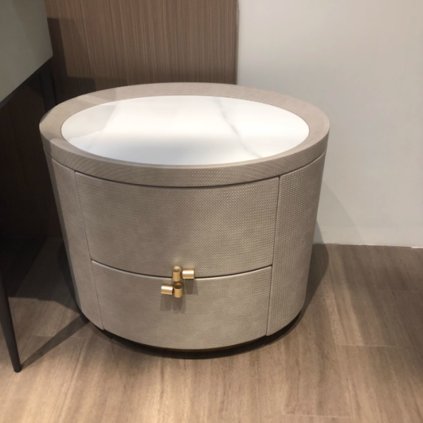 Modern Minimalist Sintered Stone Solid Wood Woven Leather Round Cylindrical Nightstand 2-Drawer For Bedroom - Image 14