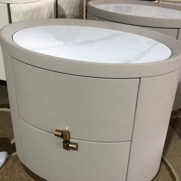 Modern Minimalist Sintered Stone Solid Wood Woven Leather Round Cylindrical Nightstand 2-Drawer For Bedroom - Image 8