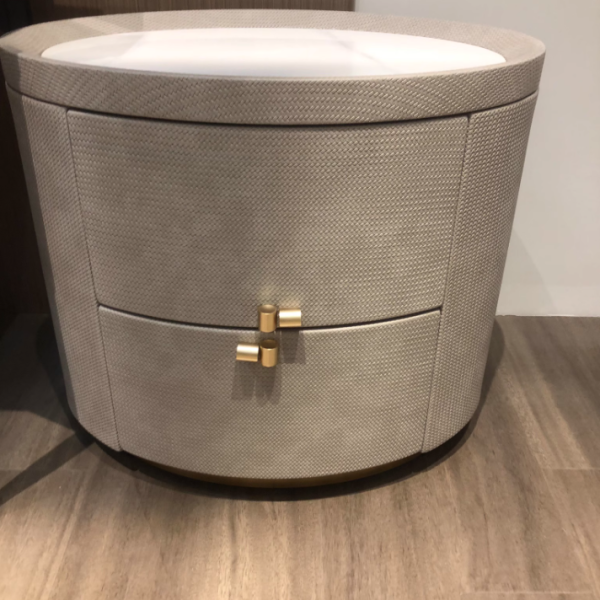 Modern Minimalist Sintered Stone Solid Wood Woven Leather Round Cylindrical Nightstand 2-Drawer For Bedroom - Image 15