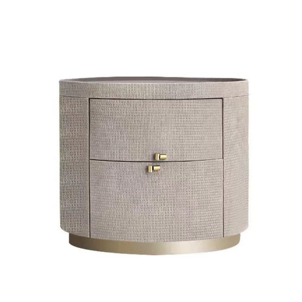 Modern Minimalist Sintered Stone Solid Wood Woven Leather Round Cylindrical Nightstand 2-Drawer For Bedroom - Image 16