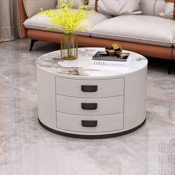 Contemporary Scandinavian Sintered Stone Faux Leather Solid Wood Cylindrical Round End Table 3-Drawer For Living Room - Image 19