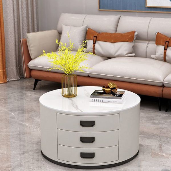 Contemporary Scandinavian Sintered Stone Faux Leather Solid Wood Cylindrical Round End Table 3-Drawer For Living Room - Image 14