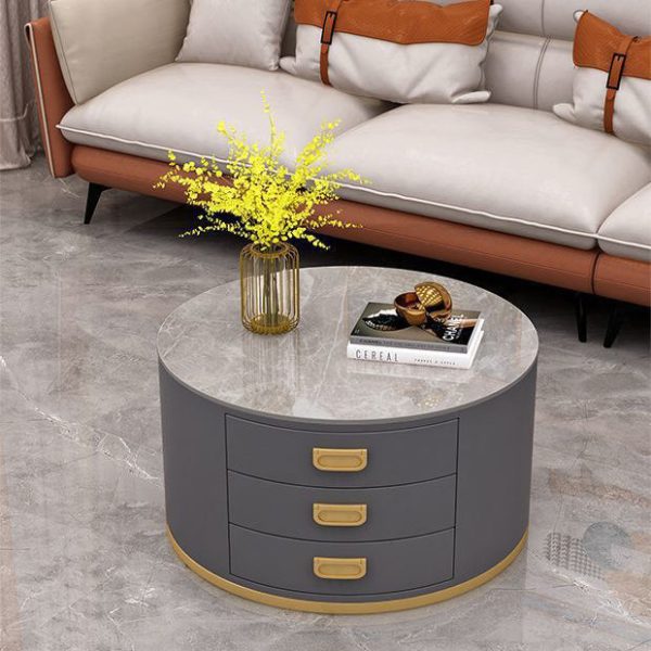Contemporary Scandinavian Sintered Stone Faux Leather Solid Wood Cylindrical Round End Table 3-Drawer For Living Room - Image 15