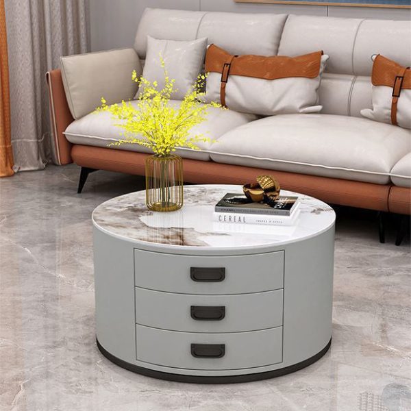 Contemporary Scandinavian Sintered Stone Faux Leather Solid Wood Cylindrical Round End Table 3-Drawer For Living Room - Image 11