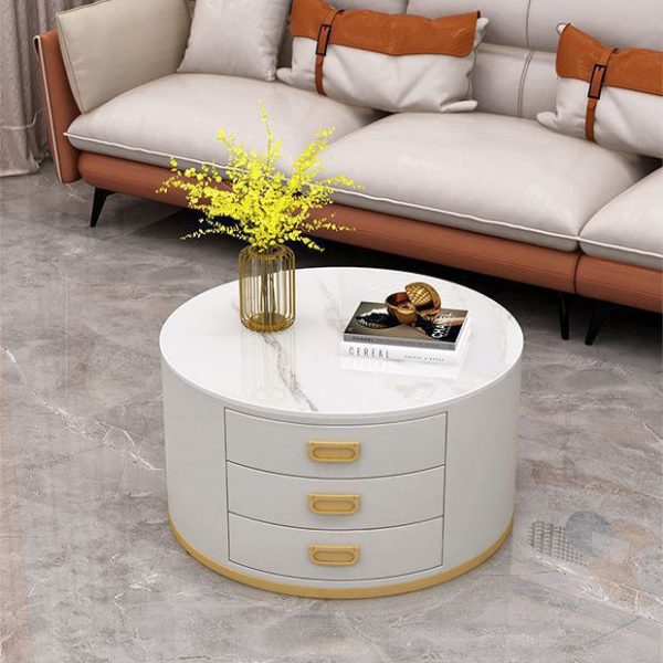 Contemporary Scandinavian Sintered Stone Faux Leather Solid Wood Cylindrical Round End Table 3-Drawer For Living Room - Image 16