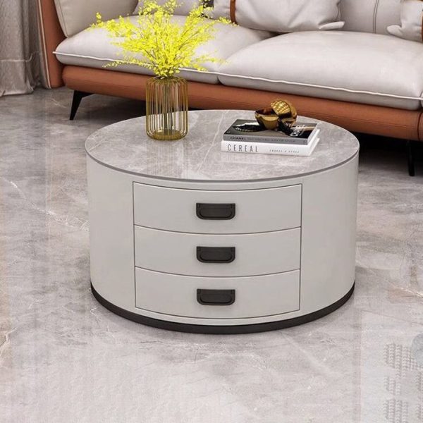 Contemporary Scandinavian Sintered Stone Faux Leather Solid Wood Cylindrical Round End Table 3-Drawer For Living Room - Image 20