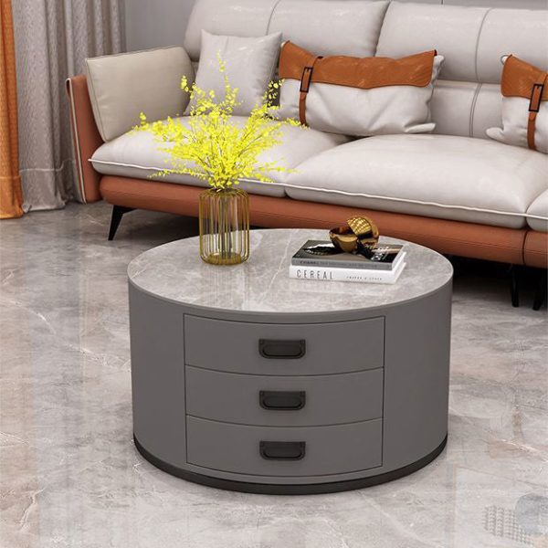 Contemporary Scandinavian Sintered Stone Faux Leather Solid Wood Cylindrical Round End Table 3-Drawer For Living Room - Image 2