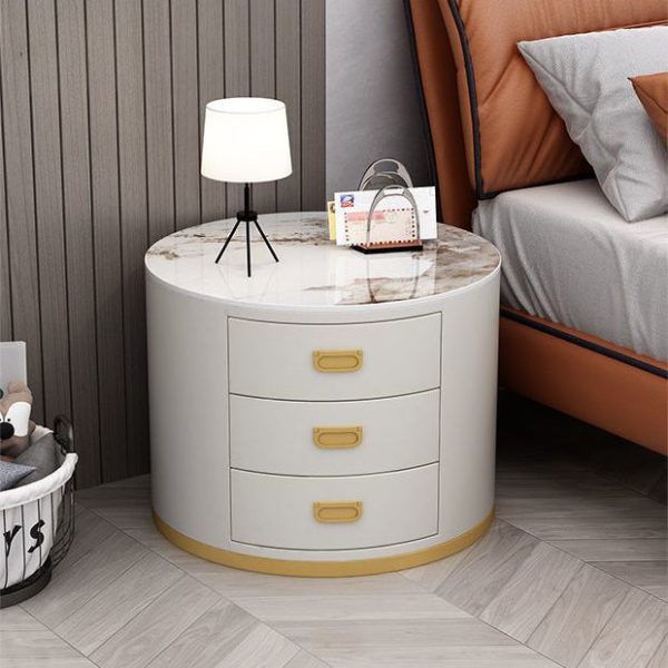 Contemporary Scandinavian Sintered Stone Faux Leather Solid Wood Cylindrical Round End Table 3-Drawer For Living Room - Image 17