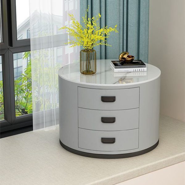Contemporary Scandinavian Sintered Stone Faux Leather Solid Wood Cylindrical Round End Table 3-Drawer For Living Room - Image 18