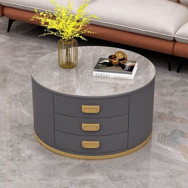 Contemporary Scandinavian Sintered Stone Faux Leather Solid Wood Cylindrical Round End Table 3-Drawer For Living Room - Image 12