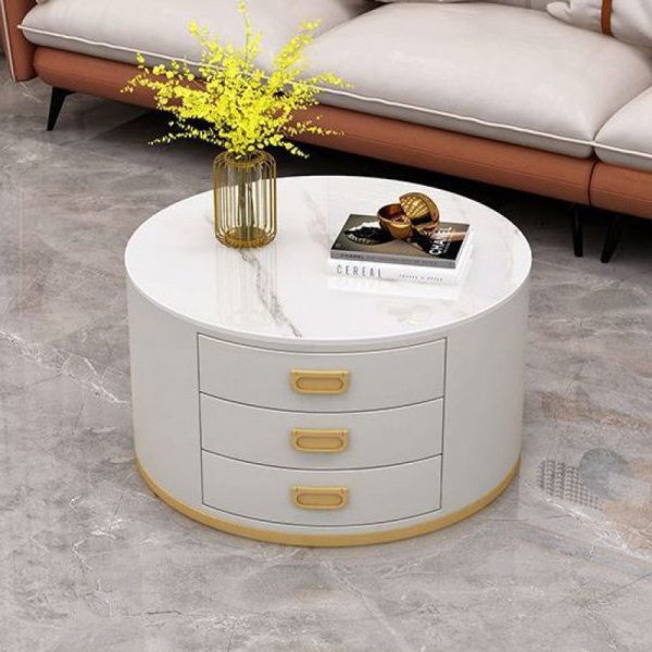 Contemporary Scandinavian Sintered Stone Faux Leather Solid Wood Cylindrical Round End Table 3-Drawer For Living Room - Image 9