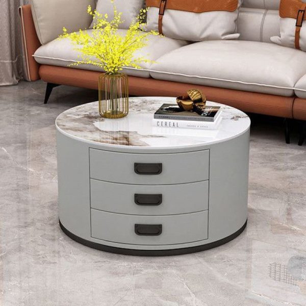 Contemporary Scandinavian Sintered Stone Faux Leather Solid Wood Cylindrical Round End Table 3-Drawer For Living Room