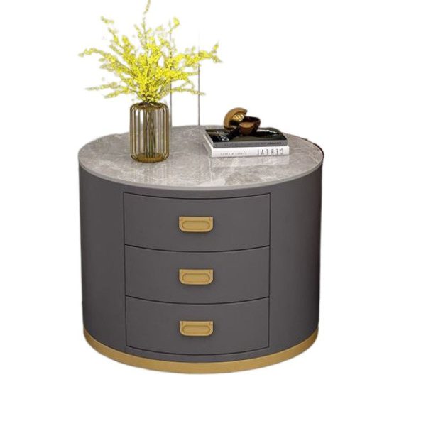 Contemporary Scandinavian Sintered Stone Faux Leather Solid Wood Cylindrical Round End Table 3-Drawer For Living Room - Image 28