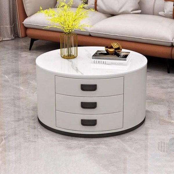 Contemporary Scandinavian Sintered Stone Faux Leather Solid Wood Cylindrical Round End Table 3-Drawer For Living Room - Image 21