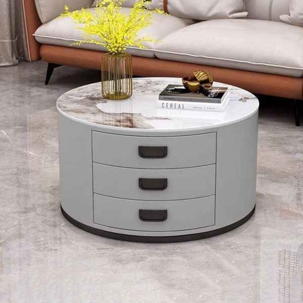 Contemporary Scandinavian Sintered Stone Faux Leather Solid Wood Cylindrical Round End Table 3-Drawer For Living Room - Image 22