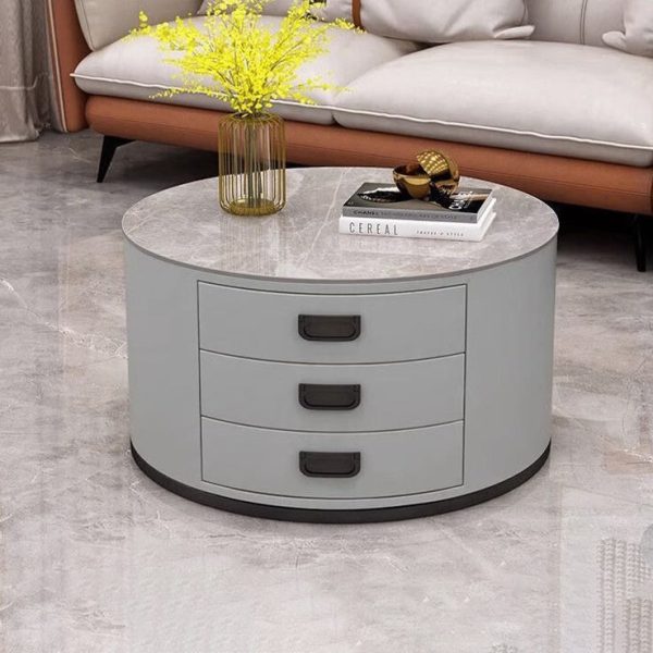 Contemporary Scandinavian Sintered Stone Faux Leather Solid Wood Cylindrical Round End Table 3-Drawer For Living Room - Image 23