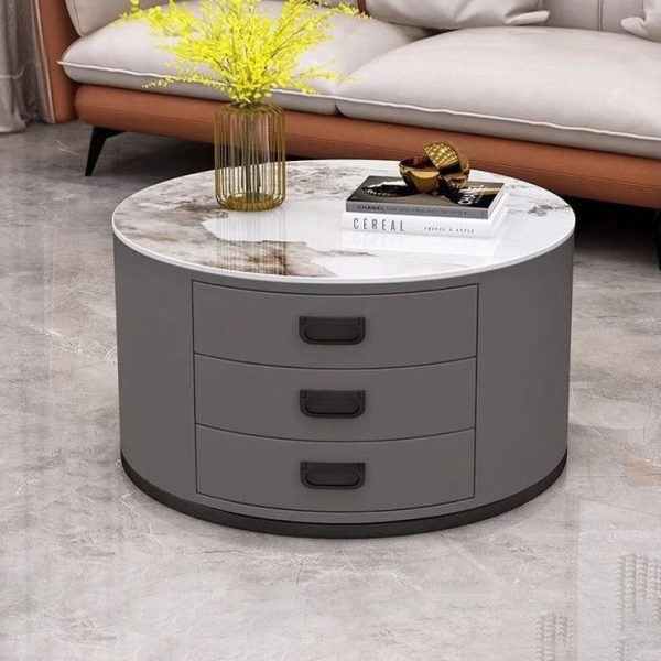 Contemporary Scandinavian Sintered Stone Faux Leather Solid Wood Cylindrical Round End Table 3-Drawer For Living Room - Image 25