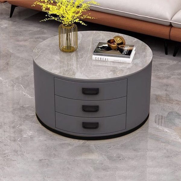 Contemporary Scandinavian Sintered Stone Faux Leather Solid Wood Cylindrical Round End Table 3-Drawer For Living Room - Image 26