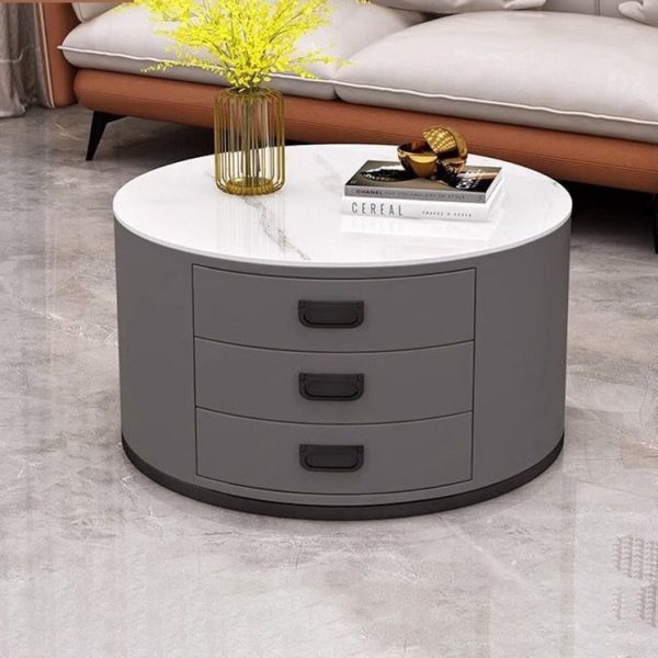 Contemporary Scandinavian Sintered Stone Faux Leather Solid Wood Cylindrical Round End Table 3-Drawer For Living Room - Image 27