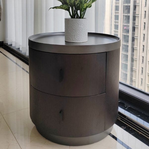 Modern Minimalist Ash Wood Metal Stainless Steel Round Nightstand 2-Drawer For Bedroom - Image 18