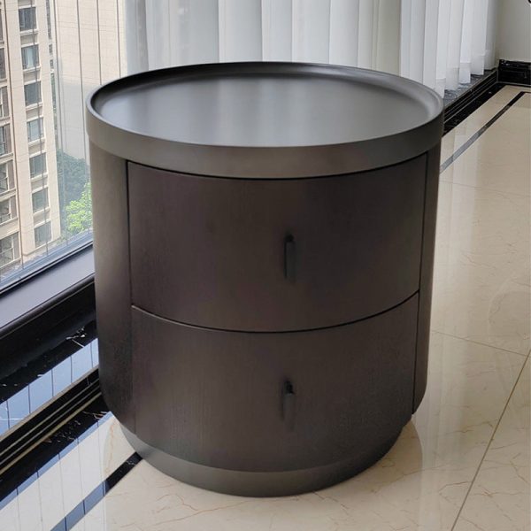 Modern Minimalist Ash Wood Metal Stainless Steel Round Nightstand 2-Drawer For Bedroom - Image 2
