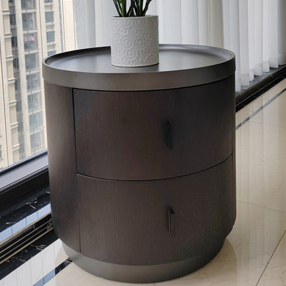 Modern Minimalist Ash Wood Metal Stainless Steel Round Nightstand 2-Drawer For Bedroom
