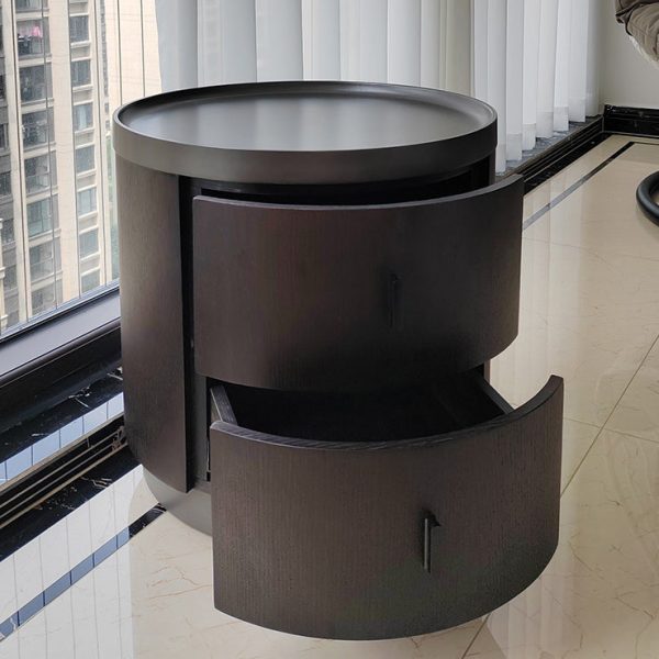 Modern Minimalist Ash Wood Metal Stainless Steel Round Nightstand 2-Drawer For Bedroom - Image 17