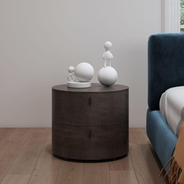 Modern Minimalist Solid Wood Round Nightstand 2-Drawer For Bedroom