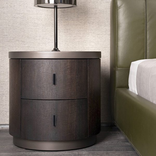 Modern Minimalist Solid Wood Metal Round Cylindrical Nightstand With 2 Drawers For Bedroom