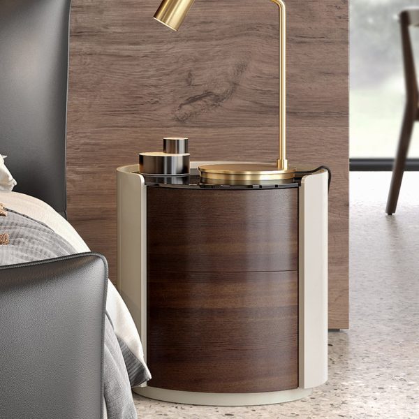 Modern Minimalist Tempered Glass Solid Wood Cylindrical Round Nightstand 2-Drawer For Bedroom