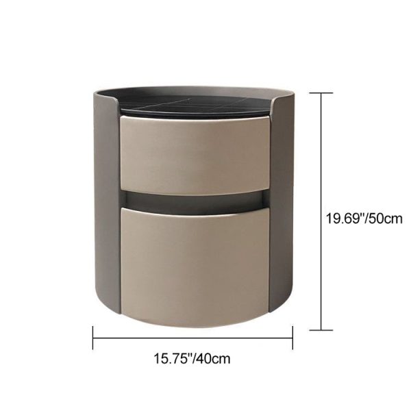 Modern Minimalist Sintered Stone Leather Solid Wood Round Nightstand 2-Drawer For Bedroom - Image 4