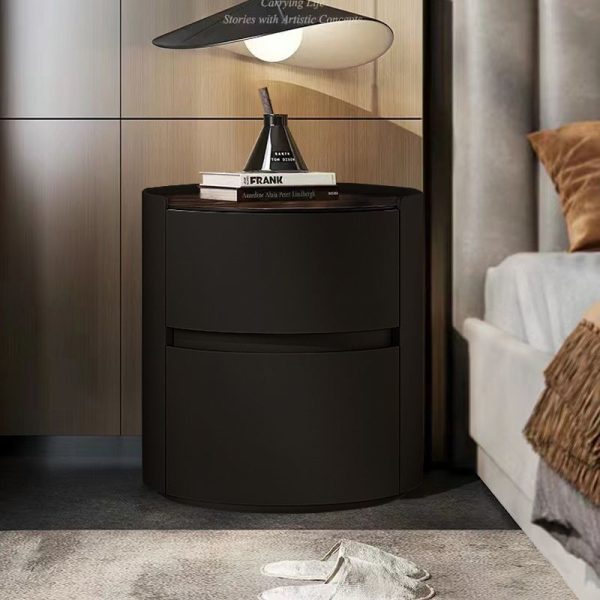 Modern Minimalist Sintered Stone Leather Solid Wood Round Nightstand 2-Drawer For Bedroom - Image 3