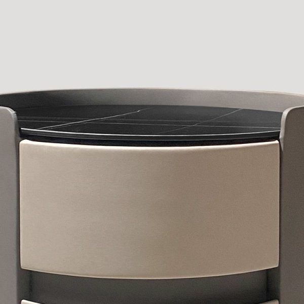 Modern Minimalist Sintered Stone Leather Solid Wood Round Nightstand 2-Drawer For Bedroom - Image 7