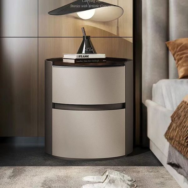 Modern Minimalist Sintered Stone Leather Solid Wood Round Nightstand 2-Drawer For Bedroom - Image 2